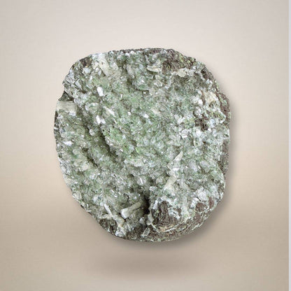 Green Apophyllite Stilbite Specimen - Cluster Geode with shimmering crystals and earthy matrix, ideal for mineral collectors and heart chakra alignment.