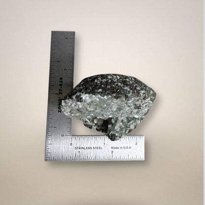 Green Apophyllite Stilbite Cluster Geode Specimen measured with ruler, highlighting its dimensions for collectors and display planning.