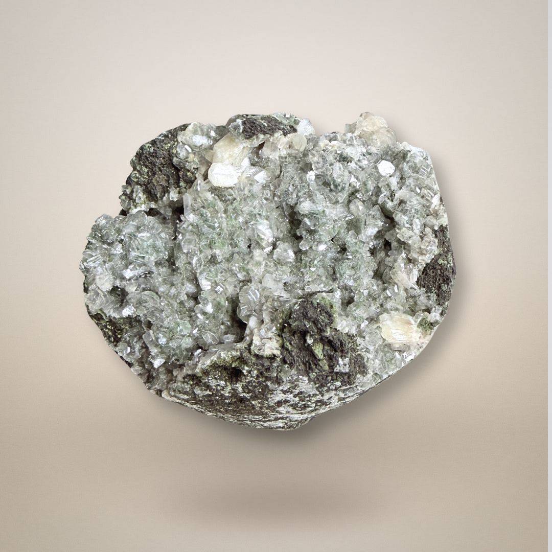 Green Apophyllite with Stilbite Geode Cluster - Small Collector Specimen featuring shimmering green crystals and white stilbite on a dark matrix.