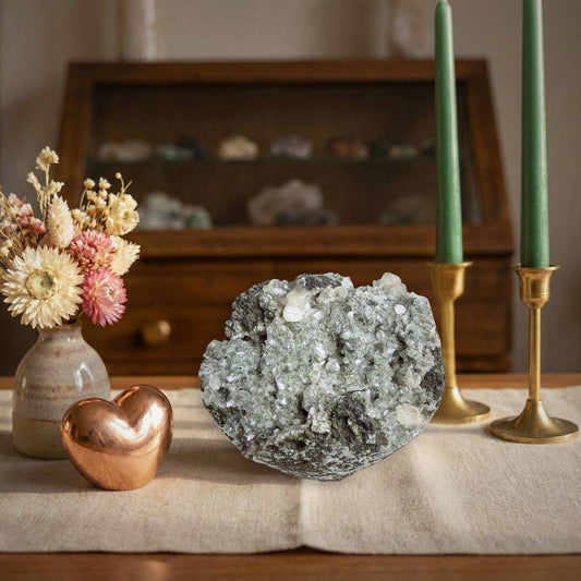 Green Apophyllite with Stilbite Geode Cluster - Small Collector Specimen displayed on a table with candles and decor, ideal for mineral collectors.
