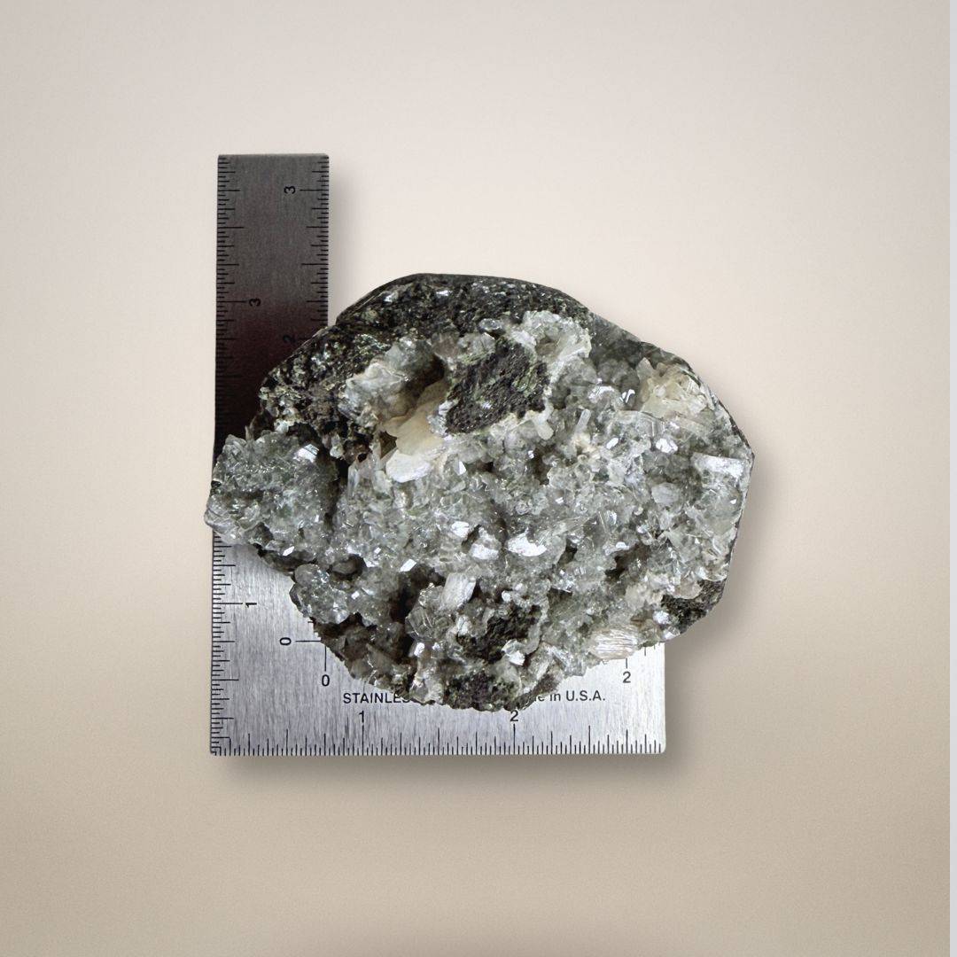 Green Apophyllite with Stilbite Geode Cluster - Small Collector Specimen measured against a ruler, for scale reference.