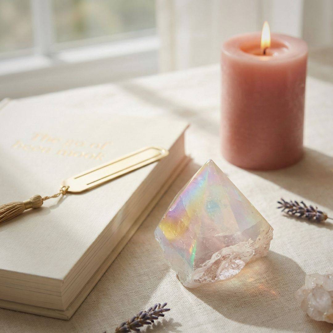 Aura Coated Quartz Point displayed on a table with a candle and book, highlighting its luminous finish for clarity and energy amplification.