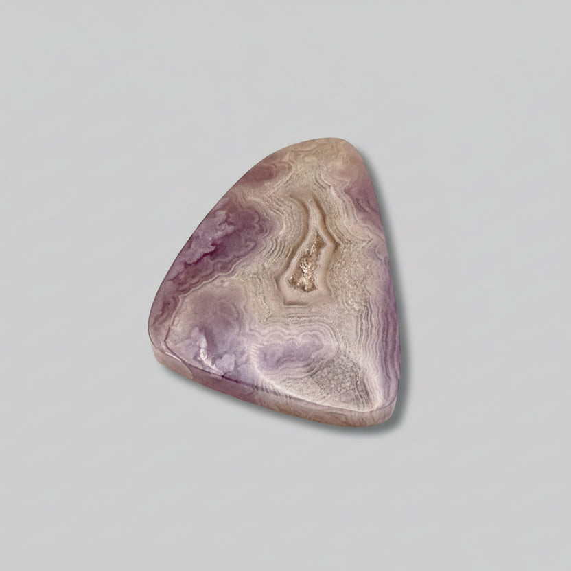 Purple Aztec Lace Agate Cabochon 32.5 Cts with intricate banding and polished finish, ideal for jewelry making or spiritual crafts. Featured Lapidary @lapidarydave on youtube.