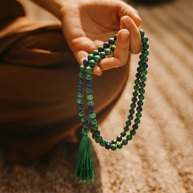 Azurite Malachite Mala Beads - Insight Transformation | 108 Beads held in hand during meditation, showcasing their use as a ritual tool for emotional clarity.