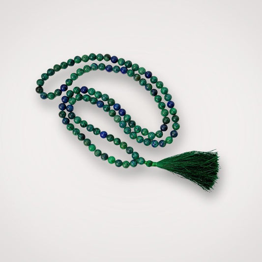 Azurite Malachite Mala Beads - Insight Transformation | 108 Beads featuring deep green and blue stones with a green tassel, ideal for meditation rituals.