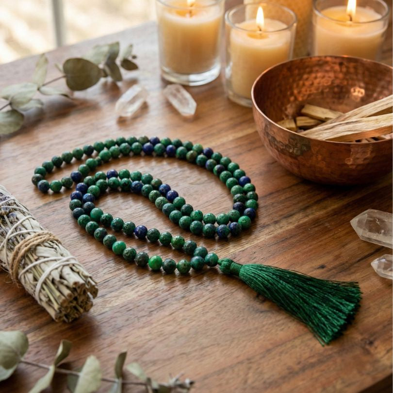 Azurite Malachite Mala Beads - Insight Transformation | 108 Beads displayed on a wooden altar with candles and crystals, perfect for spiritual ceremonies.