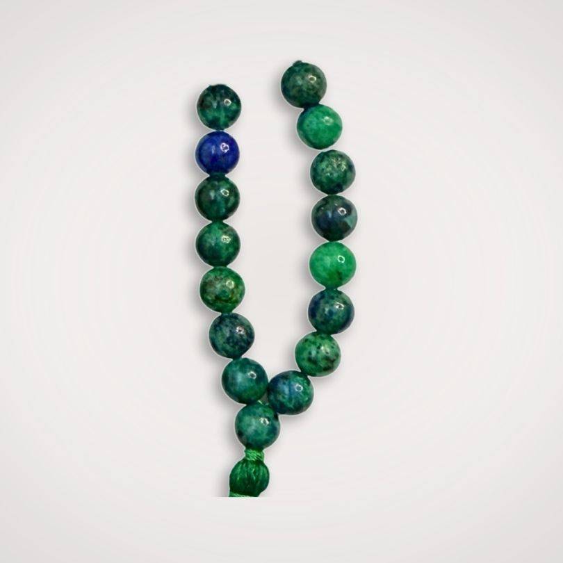 Close-up of Azurite Malachite Mala Beads - Insight Transformation | 108 Beads highlighting the natural green and blue gemstone textures for prayer and mindfulness.