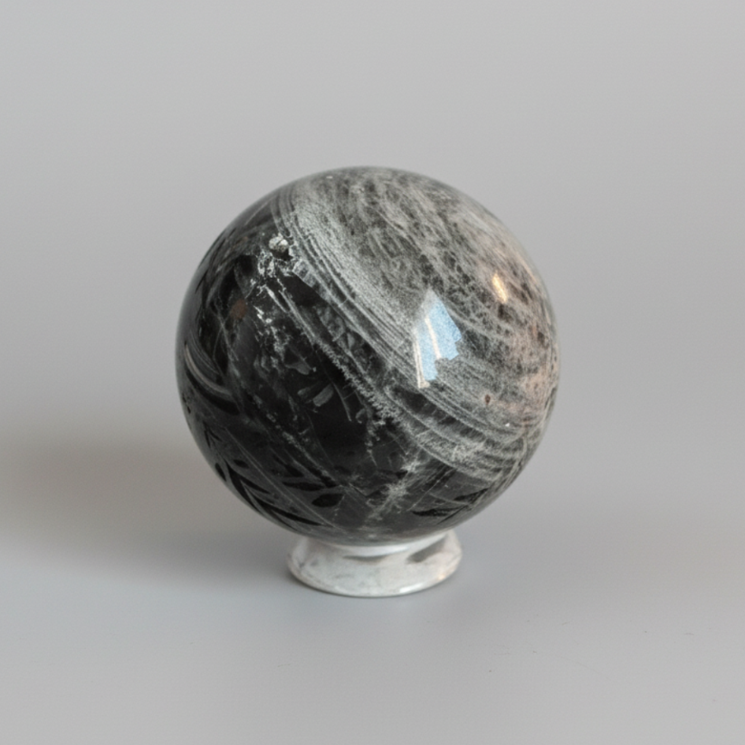 Black Moonstone Sphere Option B (58mm / 263g) polished surface close-up