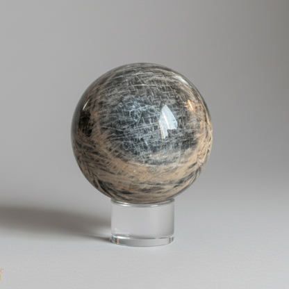 Soulful Black Moonstone Sphere Option A (61mm / 332g) polished surface with shimmer