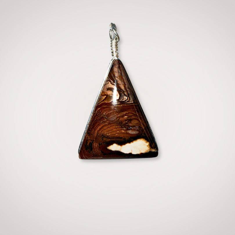 Close-up of Biggs Jasper triangle pendant