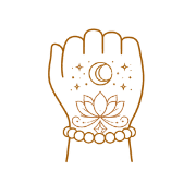 Decorative line drawing of a hand with a lotus flower, moon, and stars on a white background