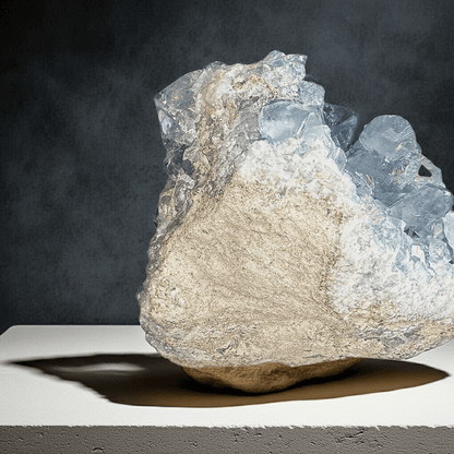 Bottom view of large Celestite geode with vibrant blue crystals, collector stone