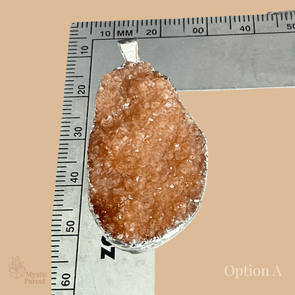 Oval Brazil Citrine Drusy Cluster Pendant in .925 Silver Bezel displayed with ruler for size reference, showcasing natural druzy sparkle.