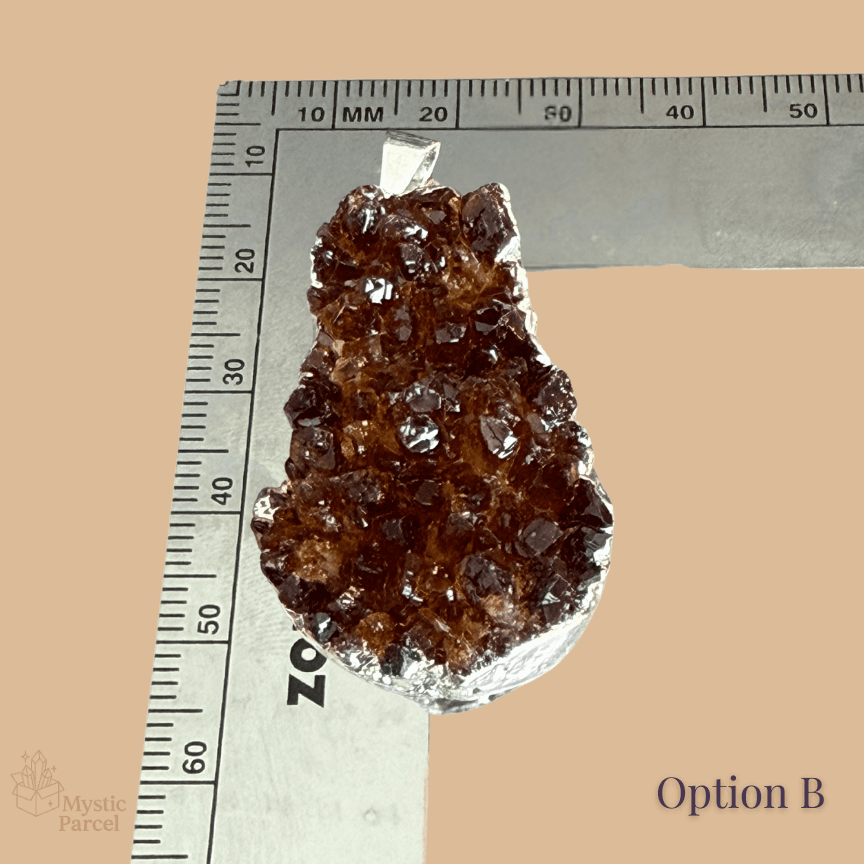 Option B: Brazil Citrine Drusy Cluster Pendant in .925 Silver Bezel shown with ruler, featuring deep brown druzy crystals and silver frame.