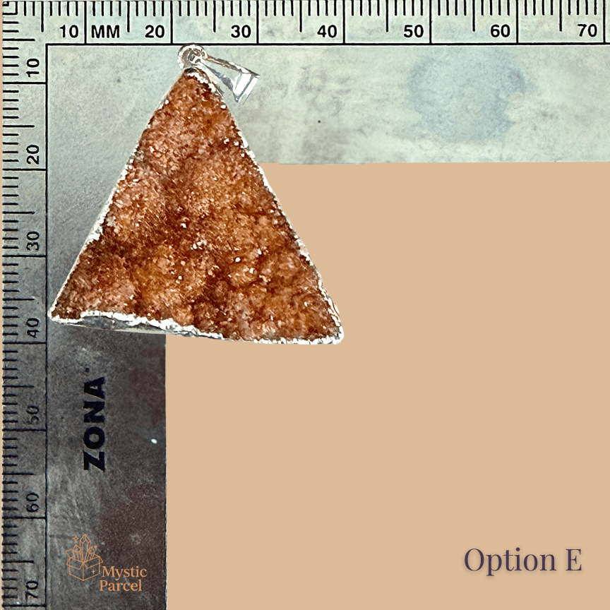 Triangular Brazil Citrine Drusy Cluster Pendant in .925 Silver Bezel shown with ruler for scale, highlighting crystal texture and silver craftsmanship.