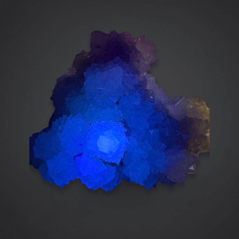 blue fluorescent calcite cluster India under UV longwave light