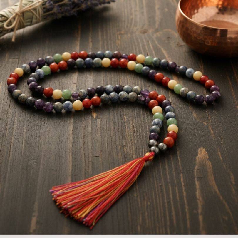 Chakra Mala for Energetic Alignment laid on wooden surface with copper bowl and sage, showcasing vibrant beads for prayer, meditation, and spiritual balance.