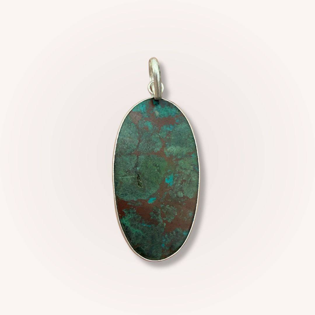 Back view of oval Chrysocolla Pendant for Calm & Heart Healing by Mystic Parcel, highlighting natural gemstone texture and silver setting.