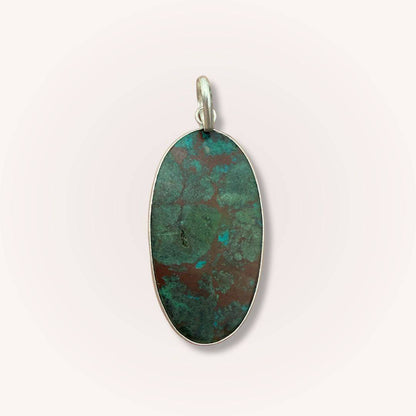 Back view of oval Chrysocolla Pendant for Calm & Heart Healing by Mystic Parcel, highlighting natural gemstone texture and silver setting.