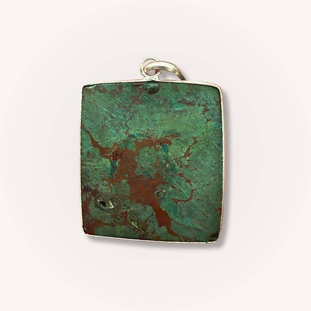 Back view of square Chrysocolla Pendant for Calm & Heart Healing by Mystic Parcel, showing raw gemstone texture and earthy tones.