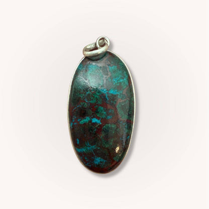 Oval Chrysocolla Pendant for Calm & Heart Healing by Mystic Parcel, showcasing a polished green and copper gemstone with silver bail.