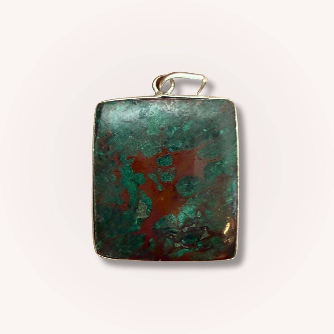 Square Chrysocolla Pendant for Calm & Heart Healing by Mystic Parcel, featuring a polished green and copper gemstone in silver frame.