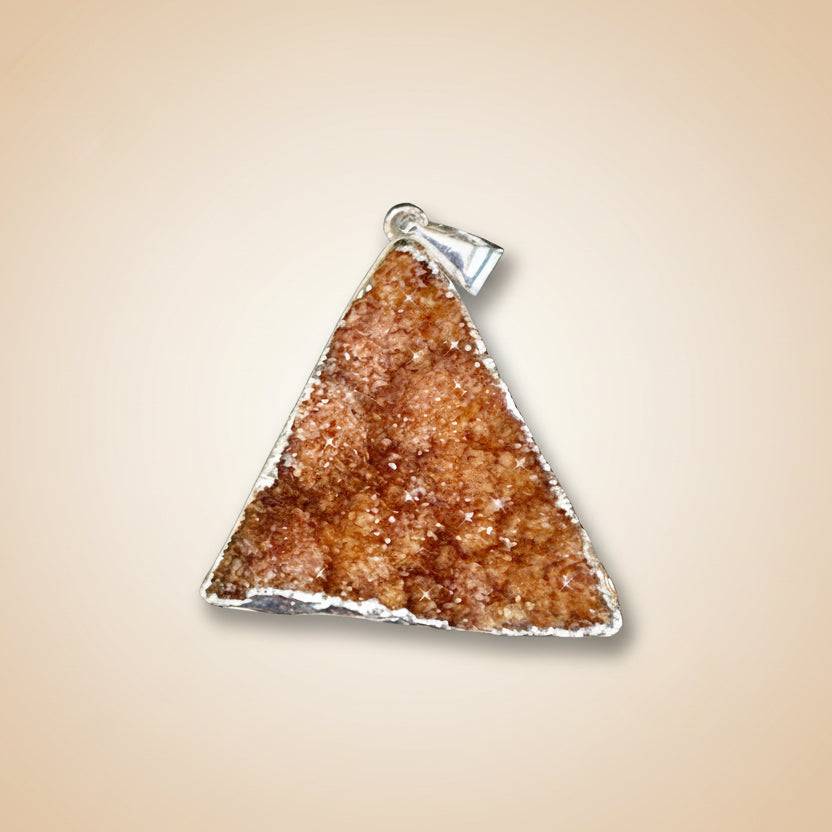 Triangular Brazil Citrine Drusy Cluster Pendant in .925 Silver Bezel with sparkling orange druzy crystals and polished silver bail.