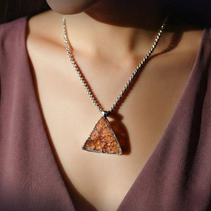 Brazil Citrine Drusy Cluster Pendant in .925 Silver Bezel & Bail worn on model, showcasing shimmering triangular druzy crystal in sterling silver setting.