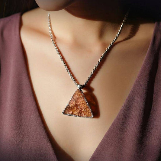 Brazil Citrine Drusy Cluster Pendant in .925 Silver Bezel & Bail worn on model, showcasing shimmering triangular druzy crystal in sterling silver setting.