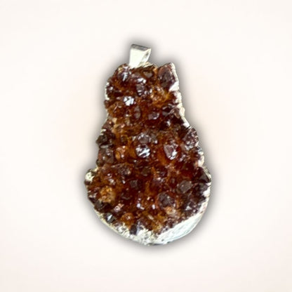 Dark amber-toned Brazil Citrine Drusy Cluster Pendant in .925 Silver Bezel with rough crystal texture and organic teardrop shape.