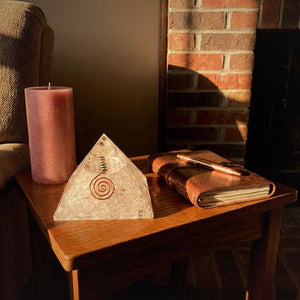 Clear Quartz Flower of Life Orgonite Pyramid — Chakra Symbol