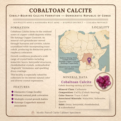 Educational poster about Cobaltoan Calcite with map and mineral data