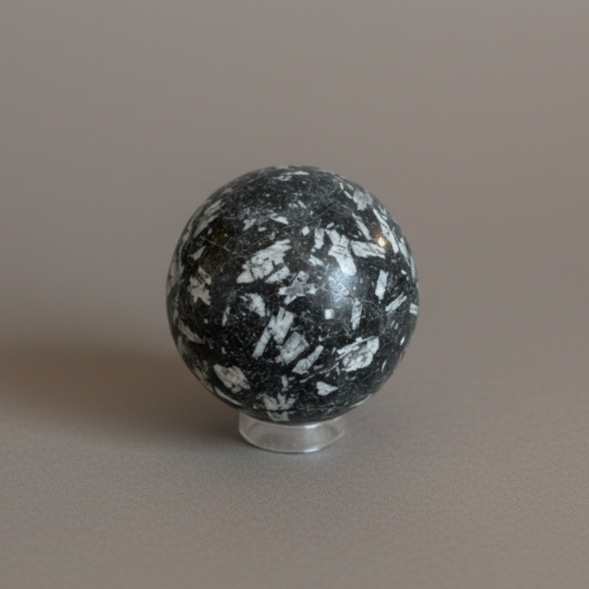 Covellite Polished Sphere with blue-black and silver crystalline patterns, ideal for enhancing intuition and spiritual transformation in rock collections. Front View