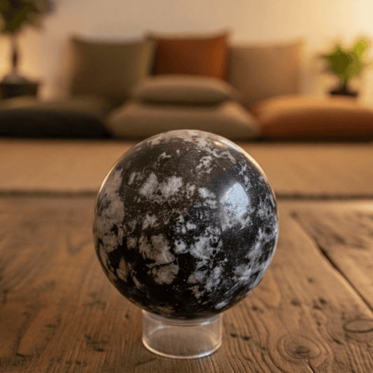 Covellite Polished Sphere with blue-black and silver marbled patterns on a clear stand, displayed on a rustic wooden table in a cozy living room setting.