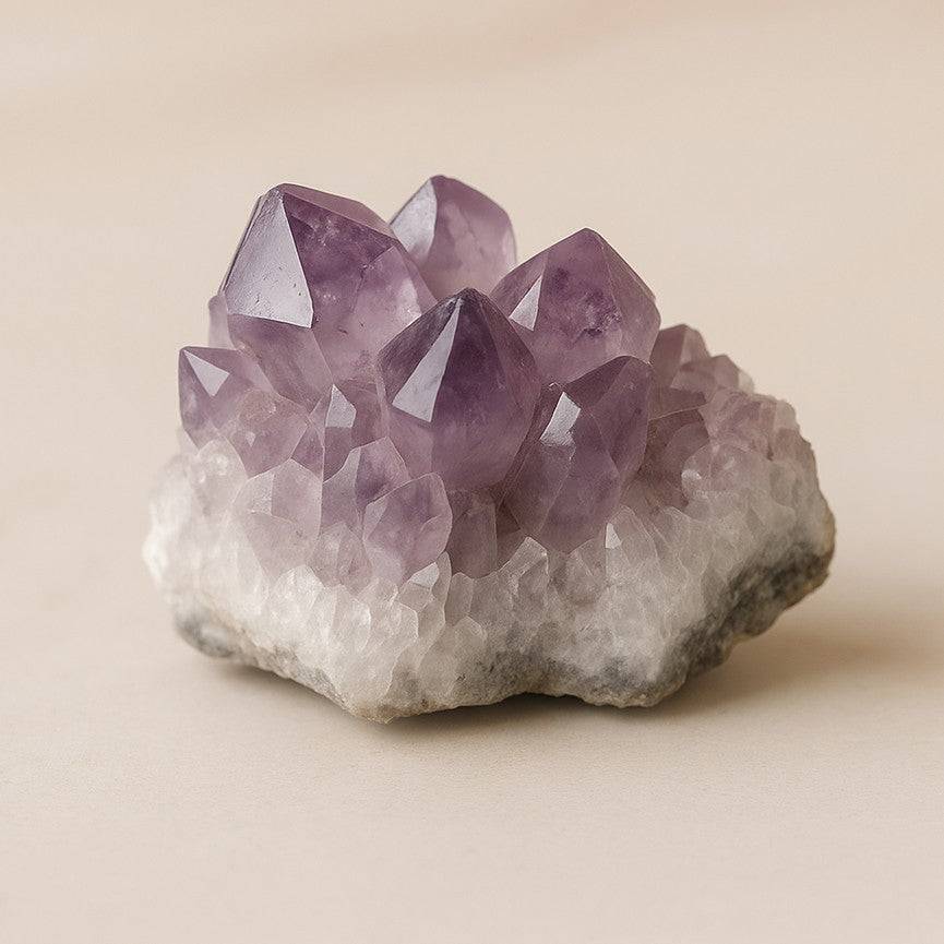 Amethyst crystal cluster on a beige background