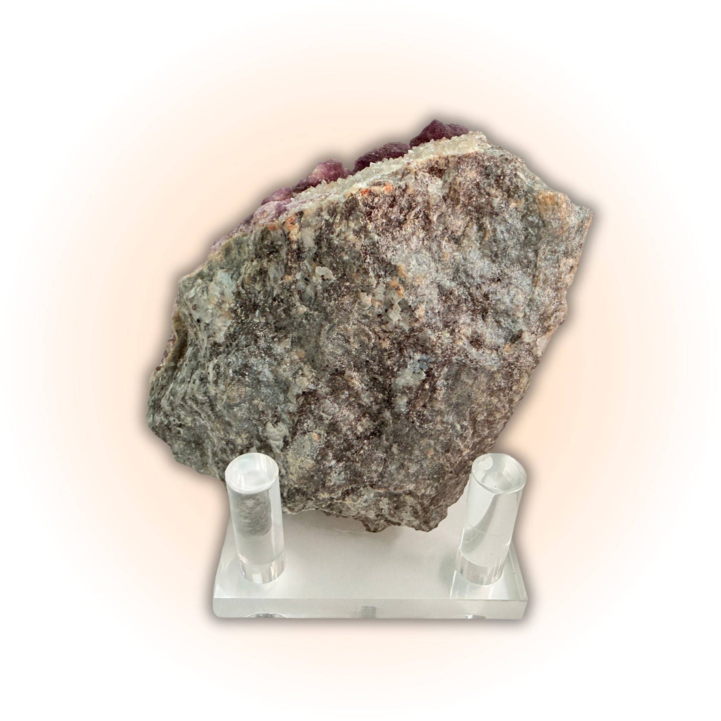 Backside of Deep Violet Botryoidal Fluorite Crystals Specimen on display stand, revealing raw stone matrix and natural texture.