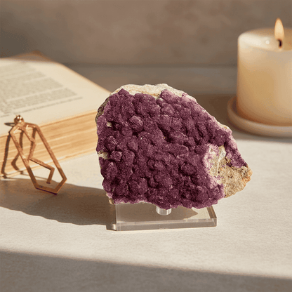 French Deep Violet Botryoidal Fluorite Specimen on a tabletop with candle and book, ideal for collectors and crystal healing enthusiasts.