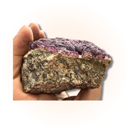 Side view of Deep Violet Botryoidal Fluorite Specimen showing crystal layering and raw matrix, perfect for mineral collectors.