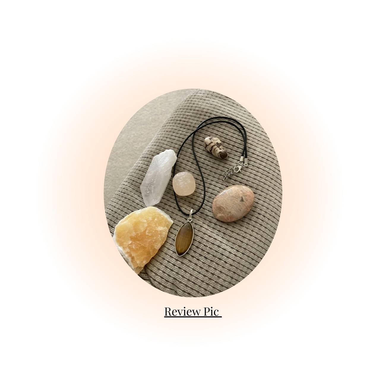 Essential Crystal Mystery Box – 5 Premium Intention Crystals displayed with polished stones, raw crystals, and crystal pendants on a textured surface. Ideal for collectors and spiritual gift seekers. Customer submitted picture.