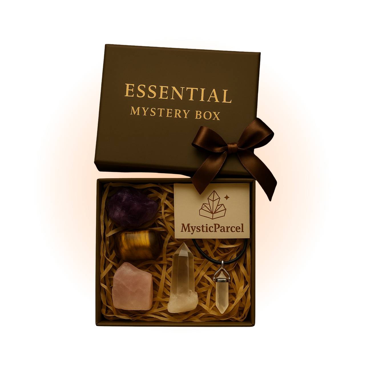 Essential Crystal Mystery Box with 5 premium intention crystals including rose quartz, amethyst, and clear quartz in a gift-ready package by MysticParcel.