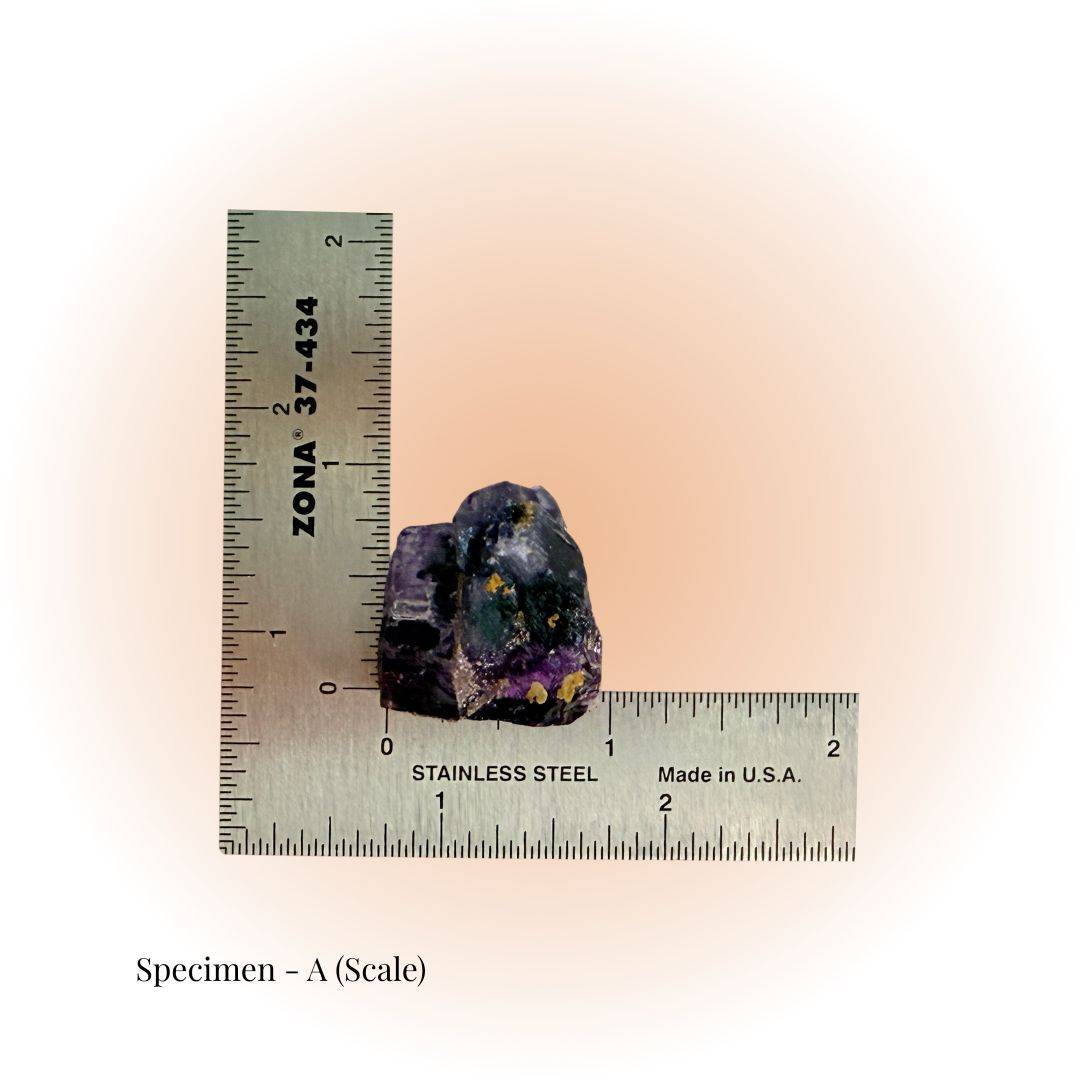 Brazilian Purple Fluorite crystal specimen A shown with ruler for scale, highlighting its natural cubic structure and deep violet hues for clarity and focus.