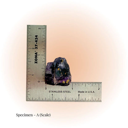 Brazilian Purple Fluorite crystal specimen A shown with ruler for scale, highlighting its natural cubic structure and deep violet hues for clarity and focus.