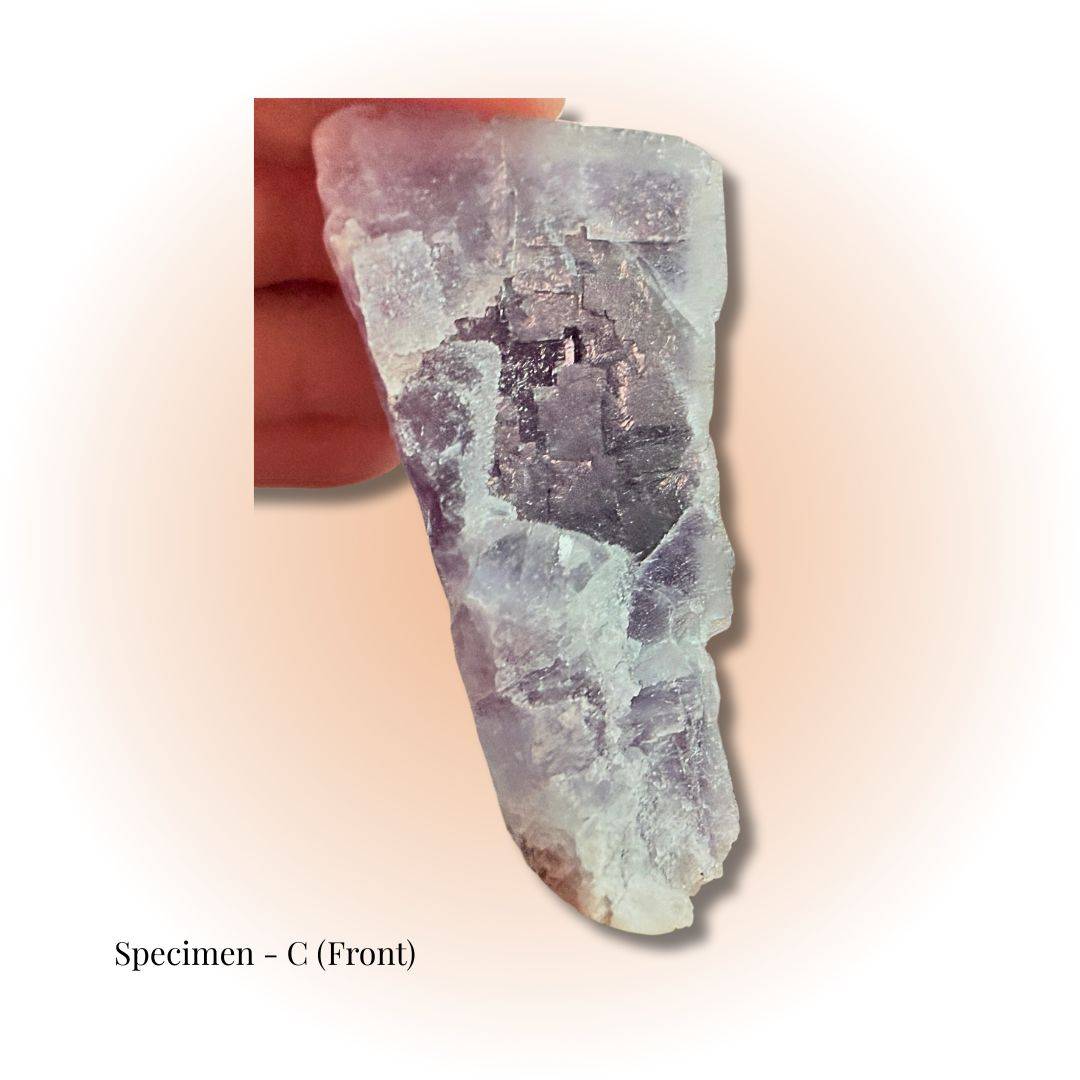 Brazilian Purple Fluorite crystal specimen C front view showing natural cubic formations and translucent violet hues for clarity and focus.