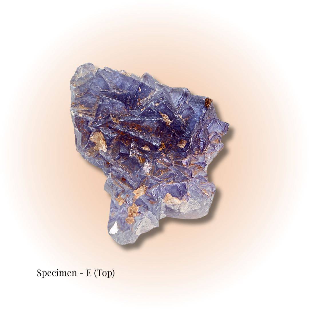 Brazilian Purple Fluorite crystal specimen E top view showcasing deep violet hues and natural geometric formations for clarity and focus in alignment.