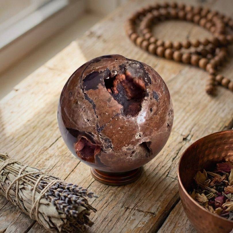 Red Fox Agate Sphere (346g) displayed on wooden table with sage and beads, showcasing its grounding energy and natural hematite-lined cavities.