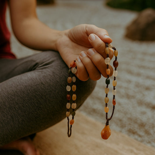 Hand holding a gobi agate beaded mala with a blurred natural background