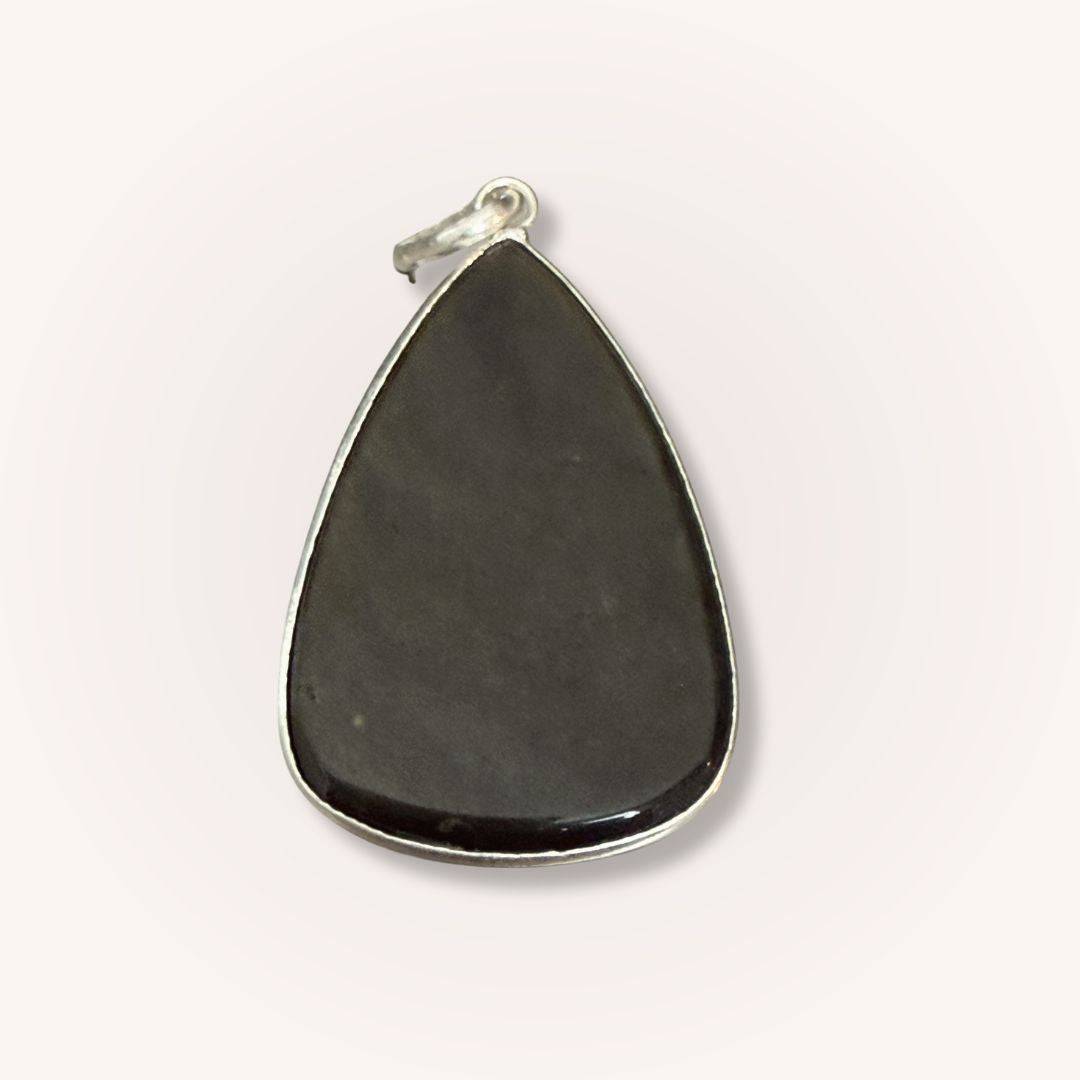 Back view of teardrop Gold Sheen Obsidian Pendant showing smooth black obsidian surface. Great for grounding and protective energy.