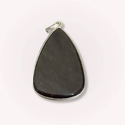 Back view of teardrop Gold Sheen Obsidian Pendant showing smooth black obsidian surface. Great for grounding and protective energy.