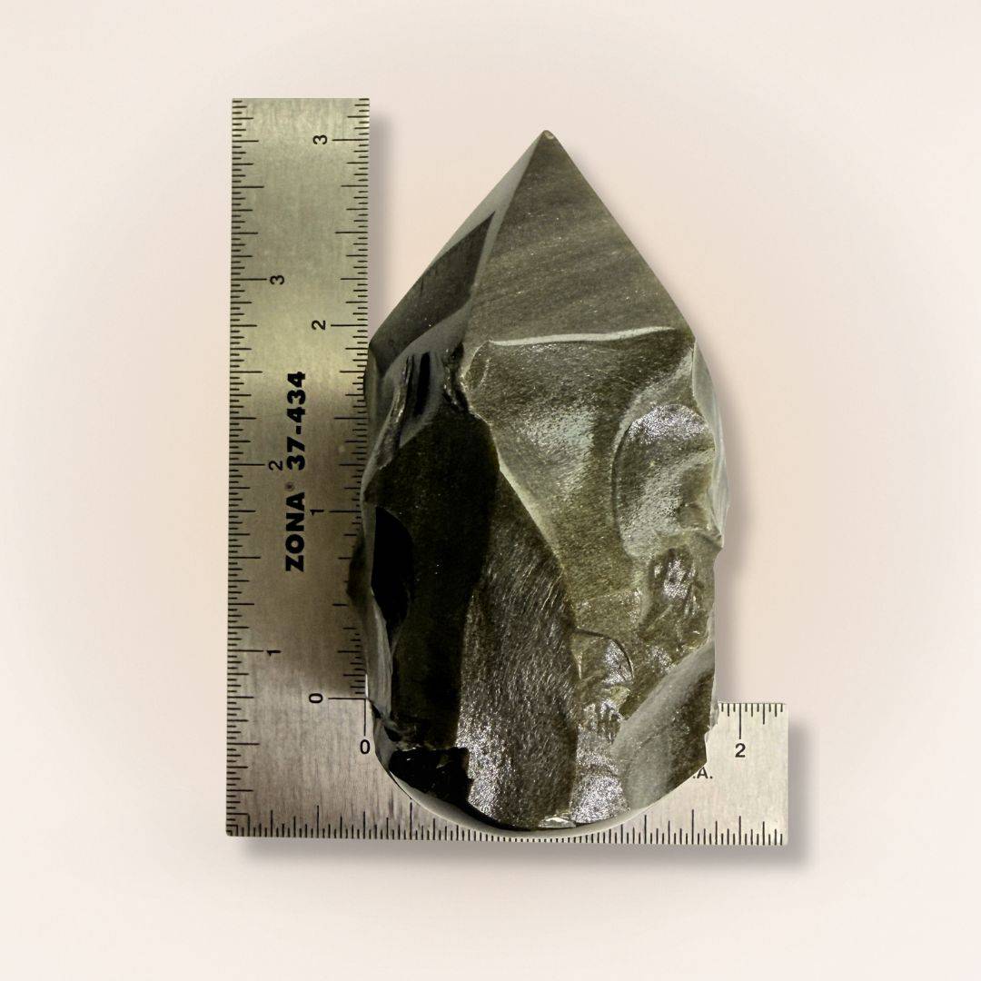 Gold Sheen Obsidian Generator — Natural Sided Top Polish shown with ruler for size reference, weighing 145–175g, collectible gemstone tower.
