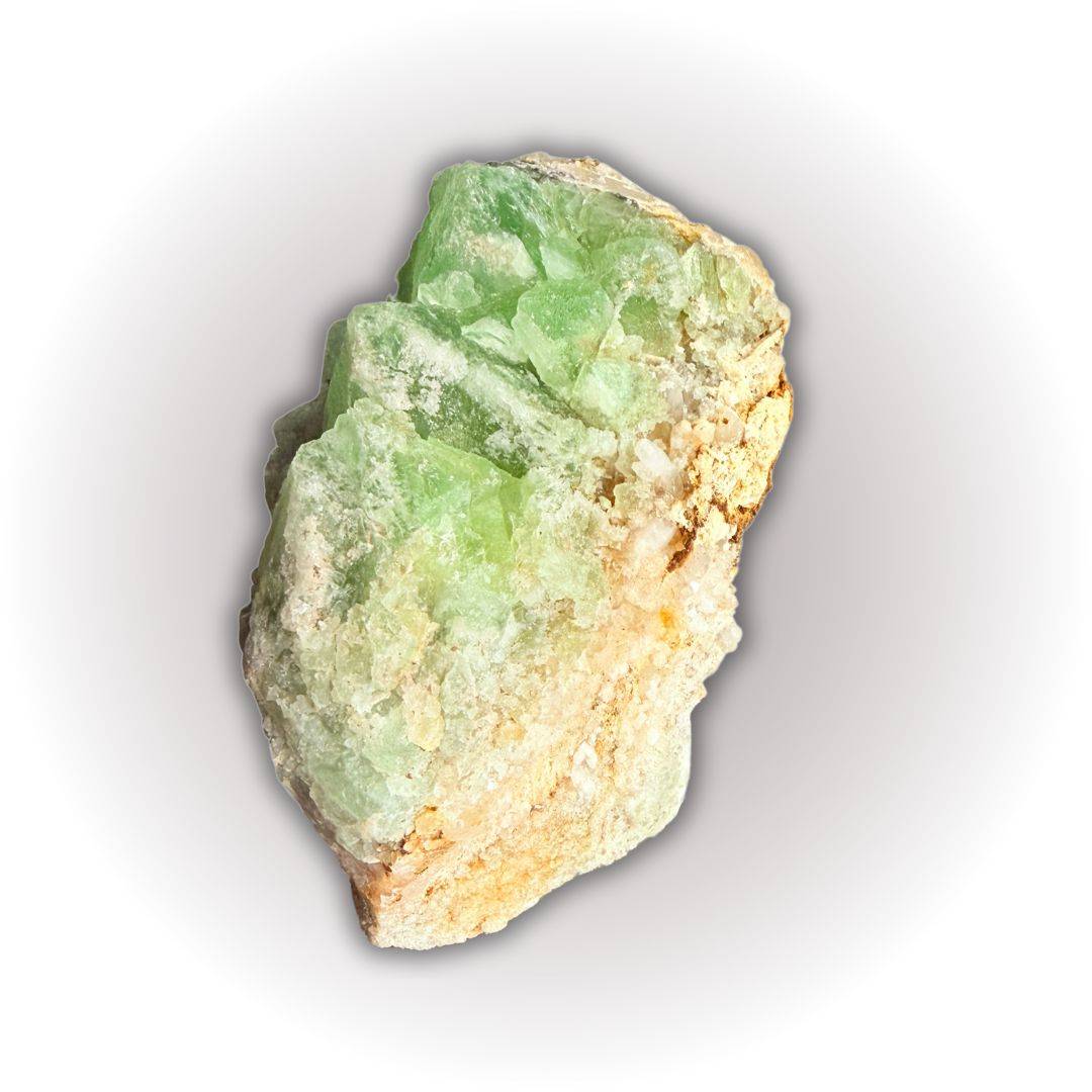 Top view of apple green fluorite quartz specimen featuring cubic crystal structure and natural matrix. Sought-after Wise Mine mineral piece.